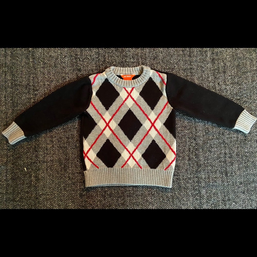 Joe Fresh argyle black ,grey ,red ,and white cotton sweater size 3T